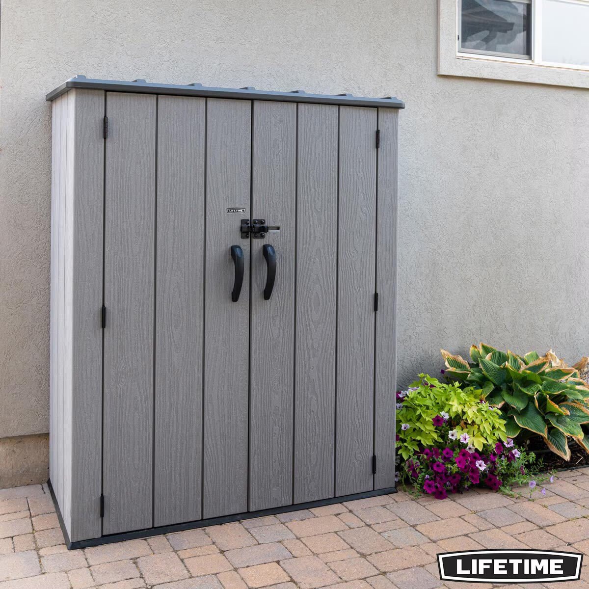 adabcb8a8b7b160b710629aa50d3a71c Lifetime 4Ft 6" X 2Ft 4" (1.4 X 0.7M) Vertical 1,510 Litre Storage Shed with Shelving - Model 60457 - Image 1